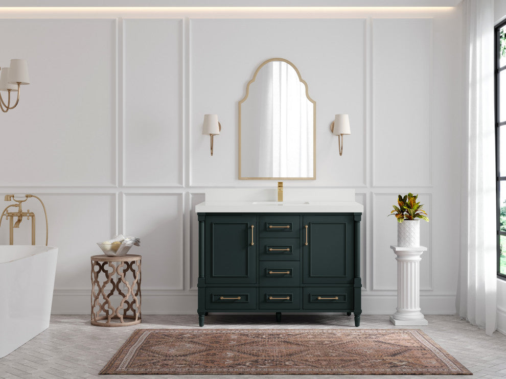 Aberdeen 48 Single Sink Bath Vanity in Dark Forest Green 2" White Quartz