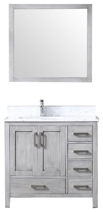 Jacques 36" Gray Single Vanity Carrara Marble Top Sink, 34" Mirror Left