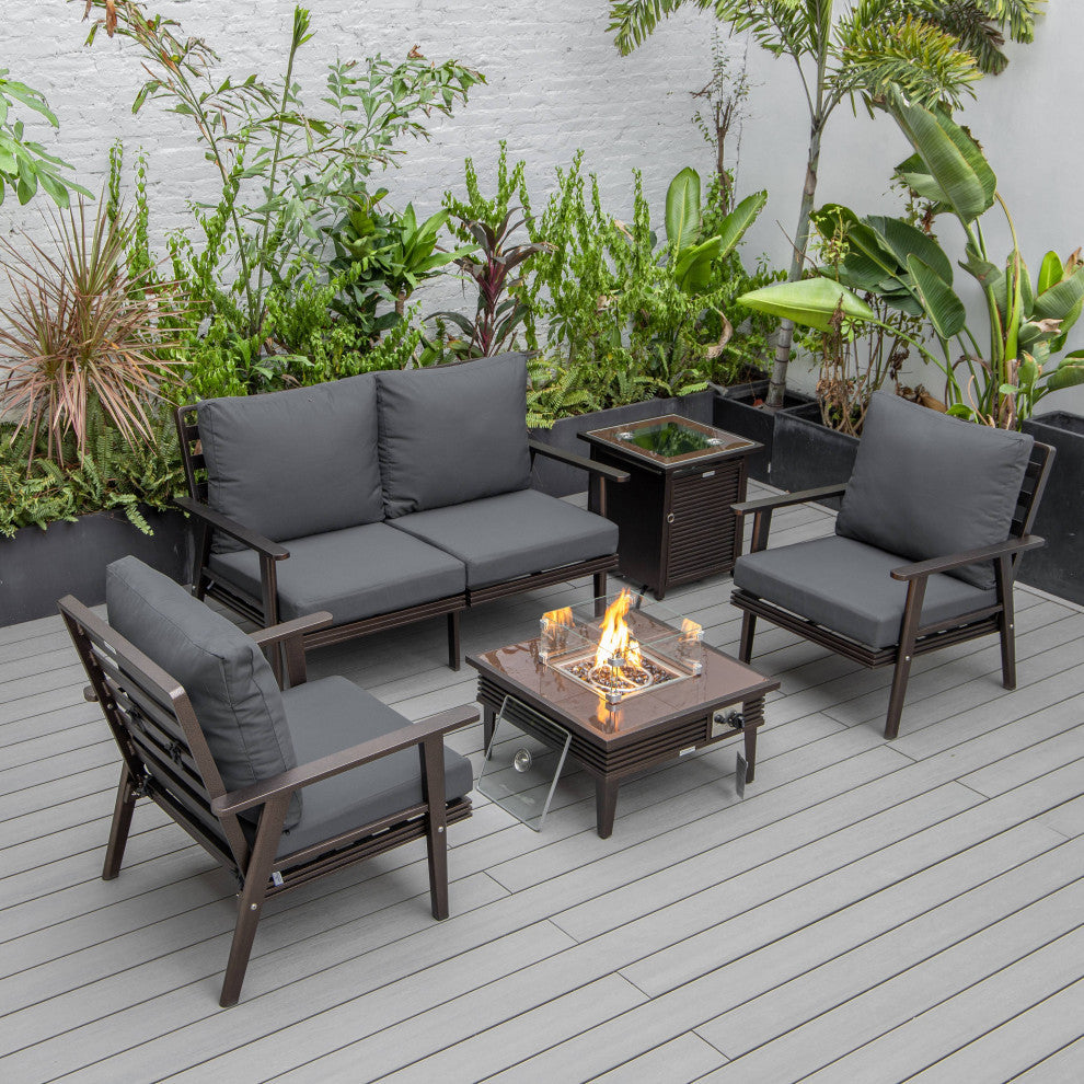 LeisureMod Walbrooke Patio Conversation Set With Fire Pit Table, Charcoal