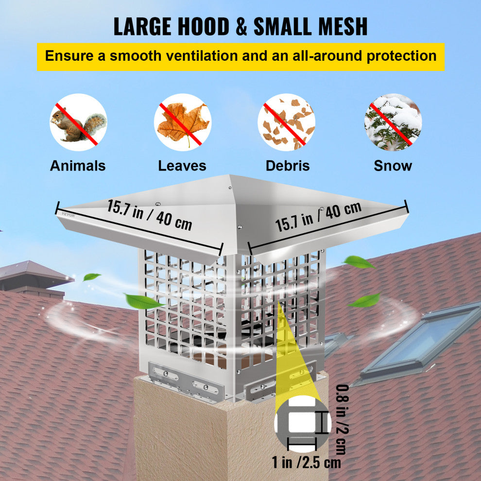 VEVOR Chimney Cap Stainless Steel Fireplace Flue Cover, 8"x8"