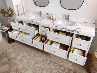 Roswell Floating 84" Double Sink Bath Vanity, White 2" Carrara Quartz