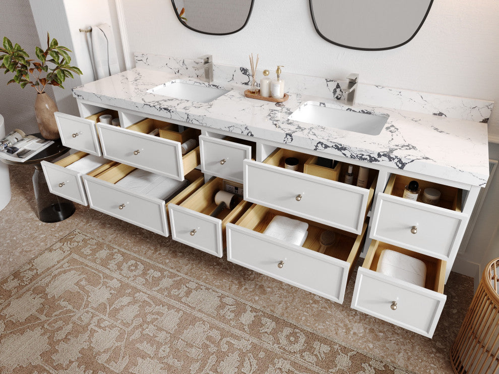 Roswell Floating 84" Double Sink Bath Vanity, White 2" Carrara Quartz