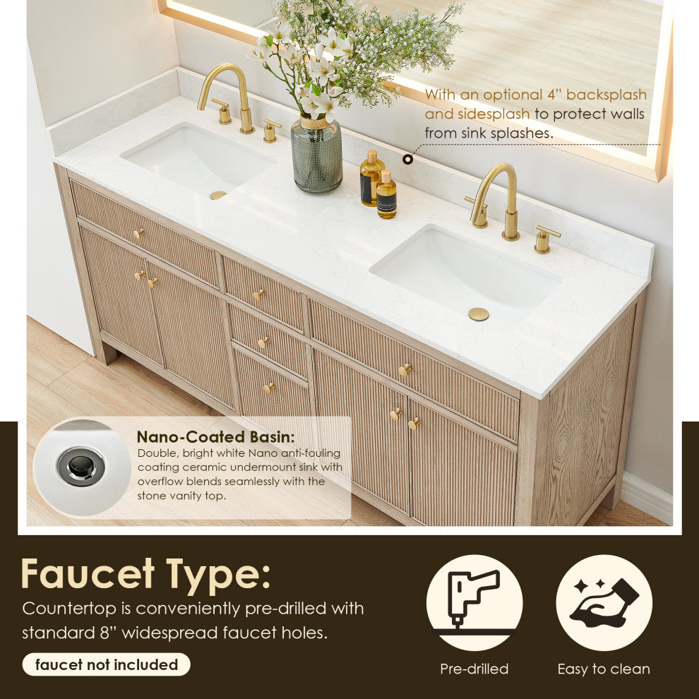 Cerrito Bathroom Vanity, Natural Oak, 72" Double, With Mirror