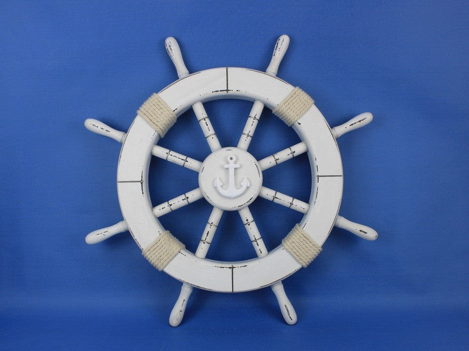 Rustic White Ship Wheel with Anchor 18'', Anchor Decor, Beach Theme