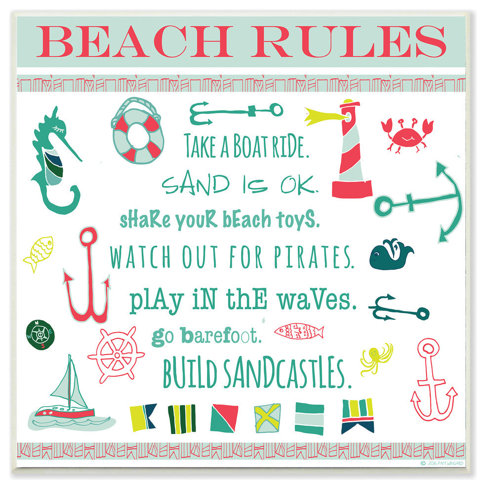 "Beach Rules Typog And Icons" Wall Plaque Art