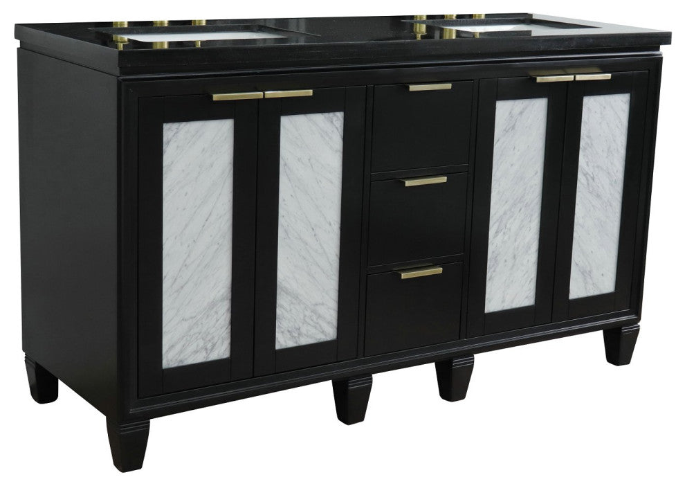 61" Double Sink Vanity, Black Finish With Black Galaxy Granite