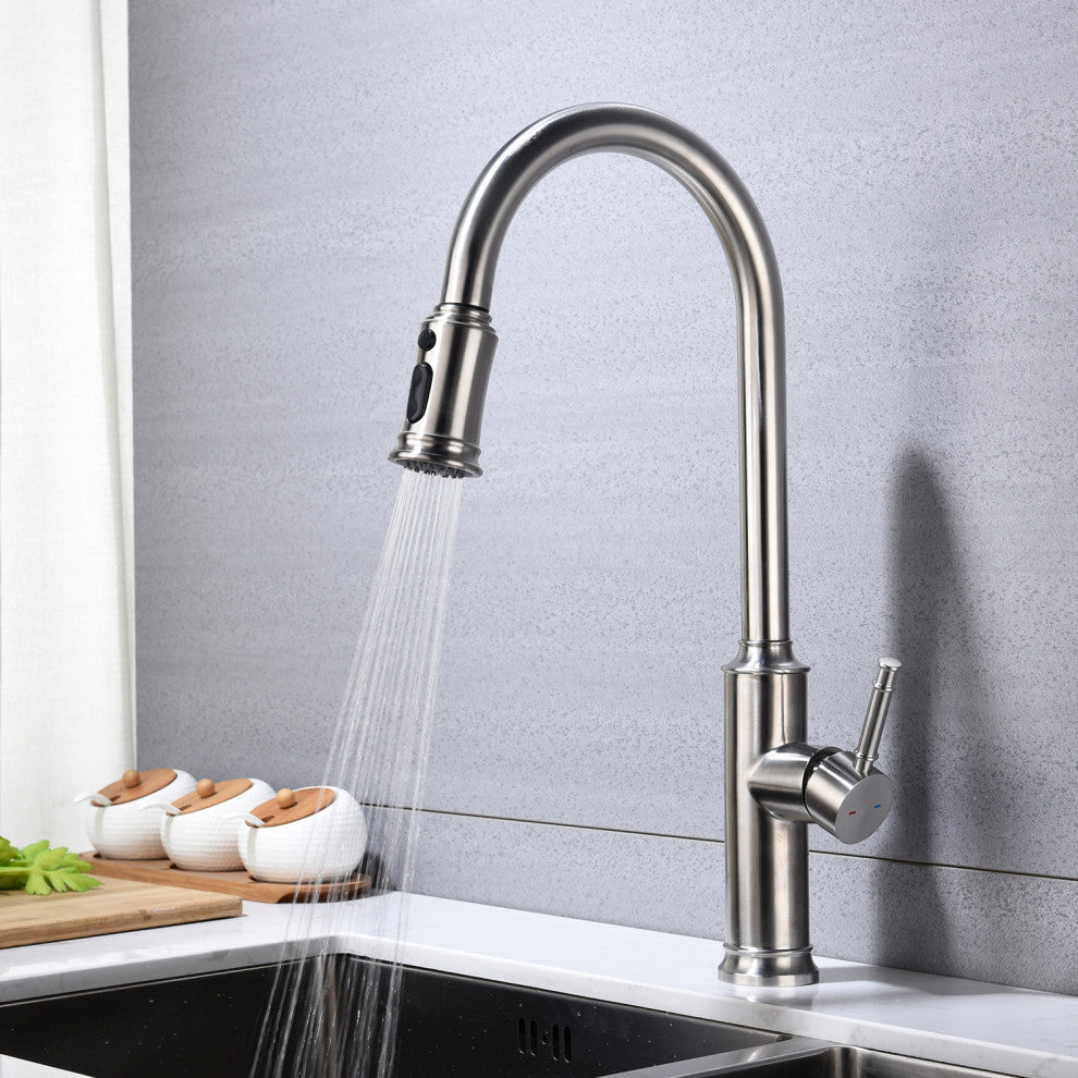 Wellfor Single Handle Pull Down Kitchen Sink Faucet, Brushed Nickel