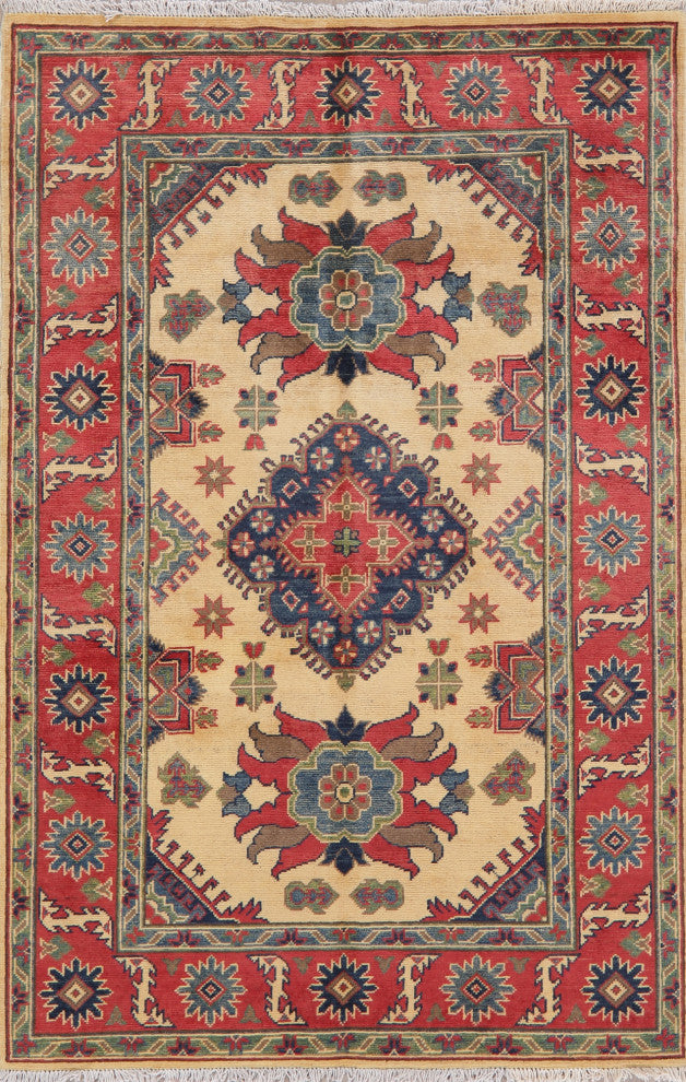 Kazak Oriental Pakistani Traditional Hand-Knotted Area Rug, Beige, 6'1"x4'0