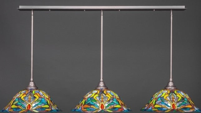 3 Light Mini Pendant In Brushed Nickel, 19" Kaleidoscope Tiffany Glass