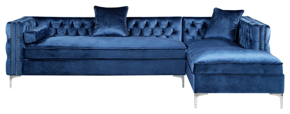 Jeannie Velvet Tufted With Nailhead Trim Sectional, Navy, Right Facing Chaise