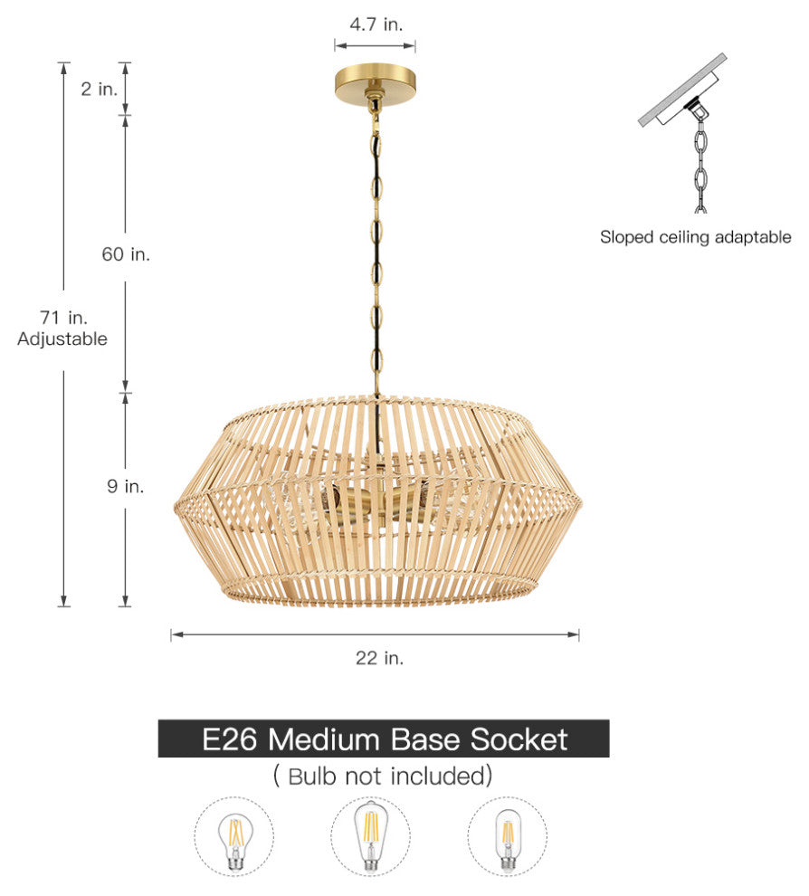 22" W 4 Light Bohemian Bamboo Chandelier With Brass Canopy