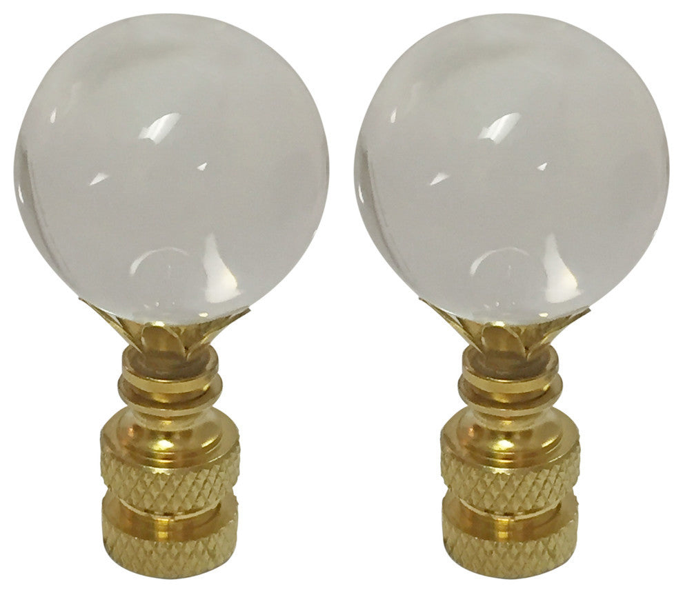 Large Clear Ball K9 Crystal Lamp Finial with Polished Brass Base, Set of 2