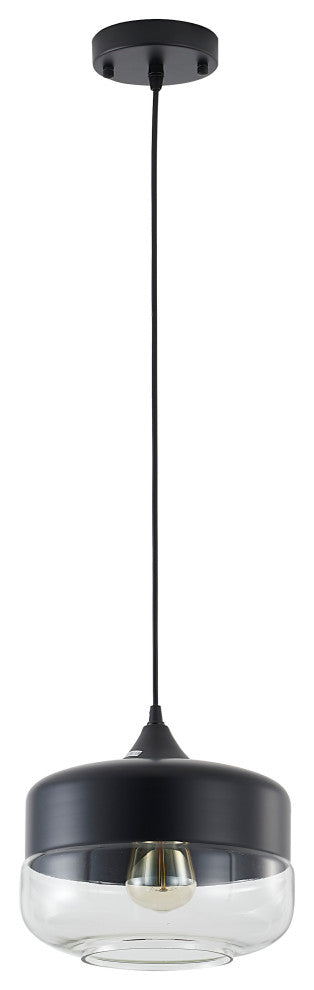 1-Light 10" Matte Black Metal Pendant With A Glass Shade