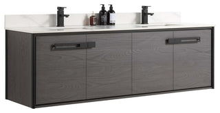 Oakville Wall Mount Bathroom Vanity, Black Coal Oak, 72", Black Hardware