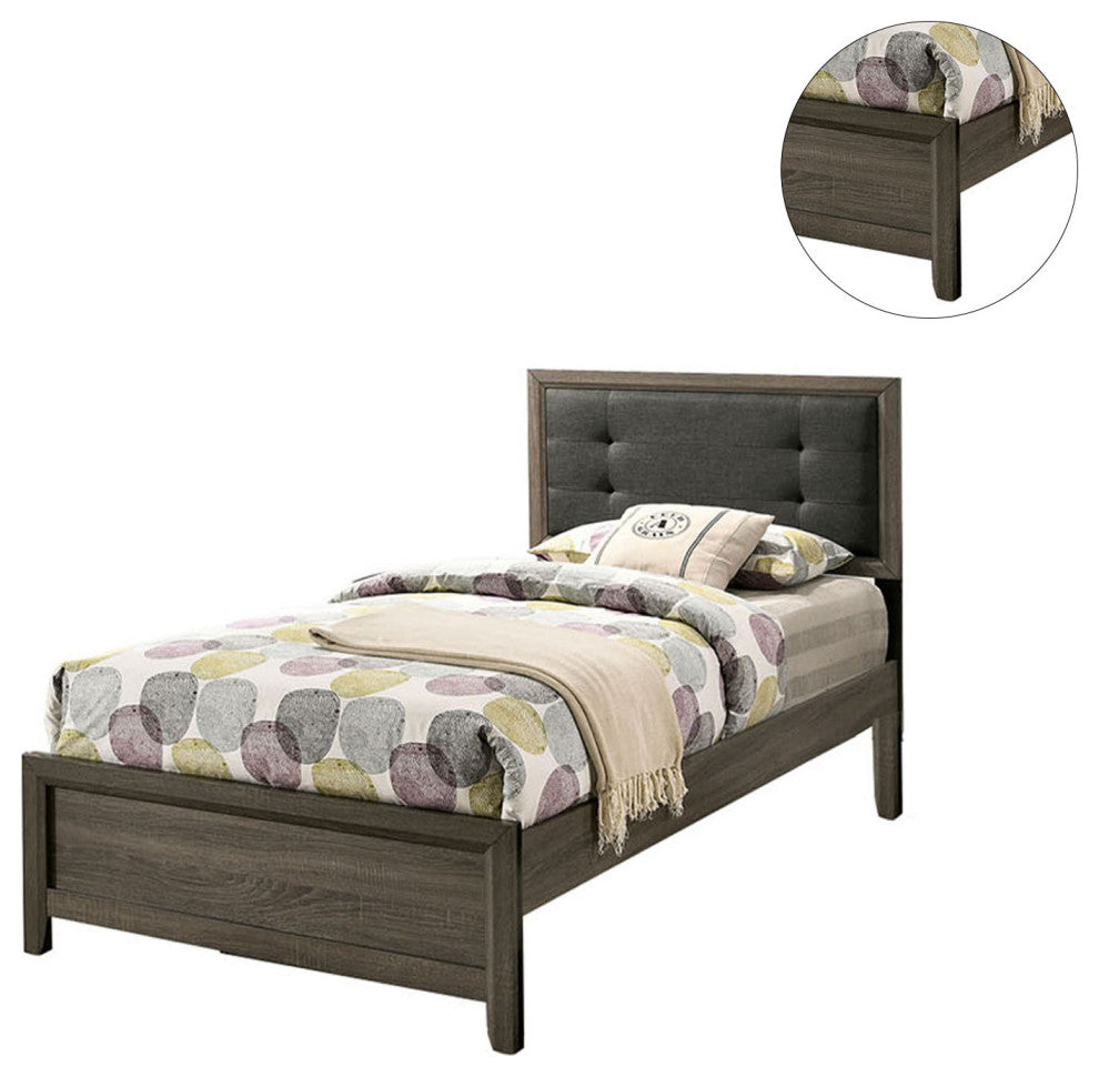 Twin Size Bed with Button Tufted Headboard, Gray and Charcoal