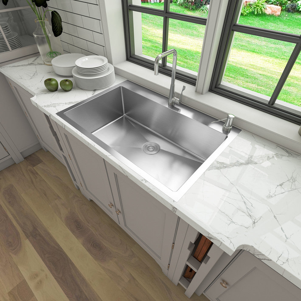 Sinber Single Bowl Kitchen Sink with 304 Stainless Steel Satin Finish, 33"x22", Drop in