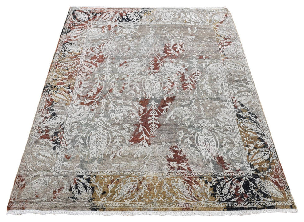 Stone Gray, Broken Tulip Design, Silk With Wool, Hand Knotted Rug, 5'2"x7'1"