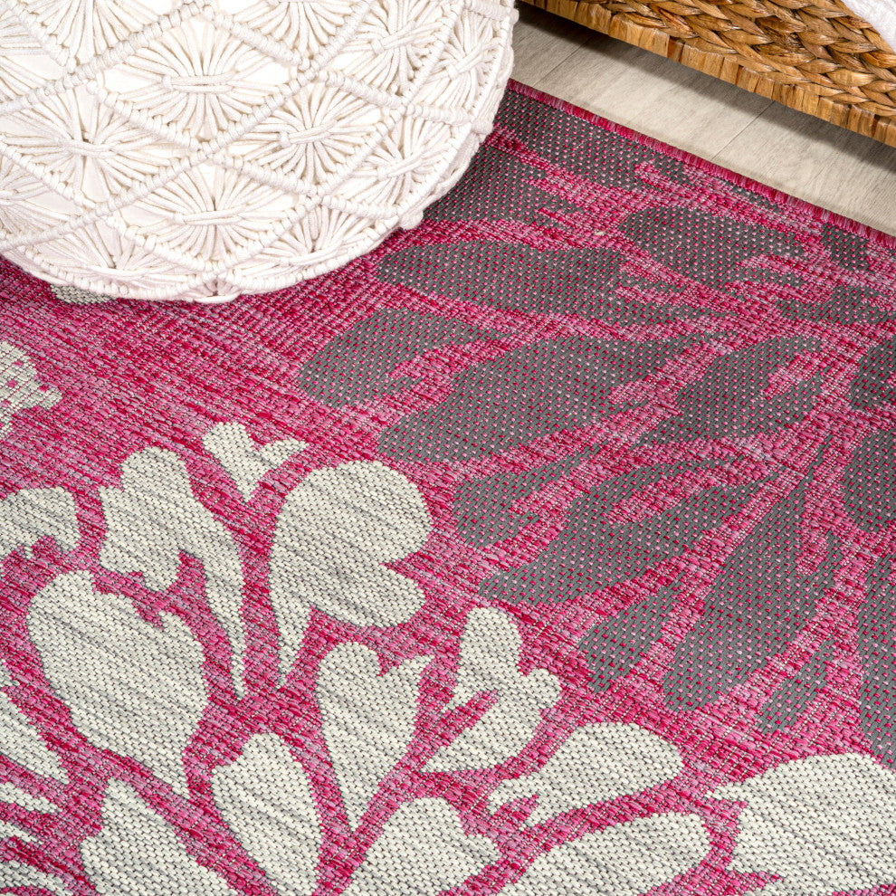 Zinnia Modern Floral Textured Weave Indoor/Outdoor, Fuchsia/Light Gray, 2x8