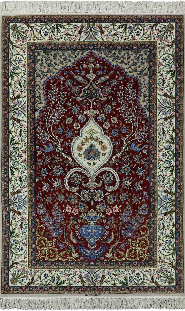 Authentic Persian Isfahan Hand Knotted Wool and Silk Rug, 5'x8'