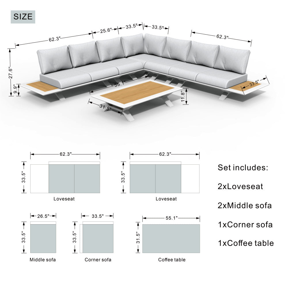 6 Piece Patio Aluminum Open Tube Sofa Set With Coffee Table, White
