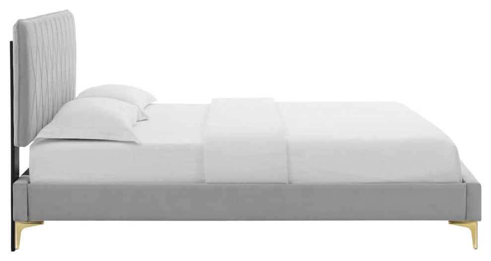 Platform Bed Frame, King Size, Velvet, Light Gray, Modern Contemporary