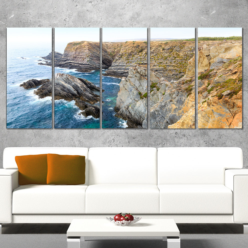 "Blue Rocky Bay Portugal" Panorama Seashore Wall Art, 60"x28", 5-Panels