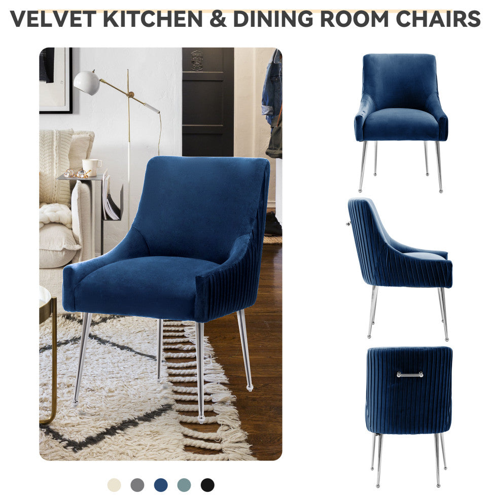 Pleated Velvet Dining Chair Set of 2, Tufted Accent Chair with Silver Legs, Navy