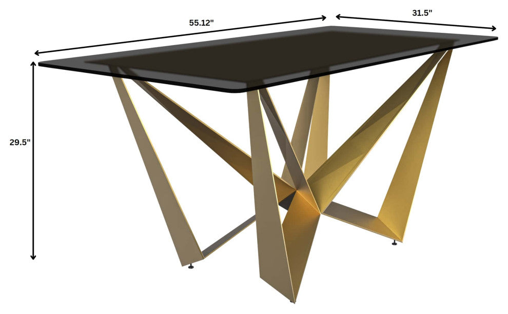 LeisureMod Nuvor Dining Table With Rectangular Top and Gold Steel Base, Black, 55 Inch