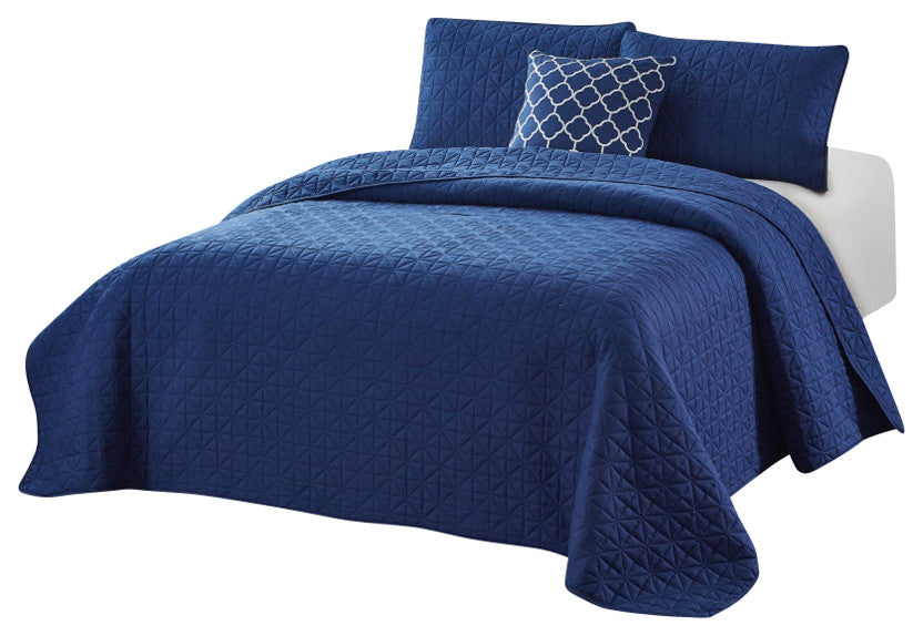 Bibb Home 4 Piece Solid Quilt Set, Navy, Twin