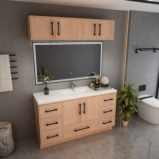 Victoria 60" Solid Wood Vanity Single Sink, Overhead Cabinet, Red Oak