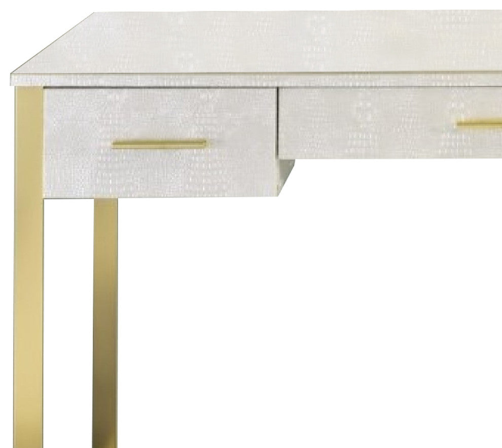 Benzara BM274660 Textured Vanity Desk With Round Mirror, Gold Sled Base, White