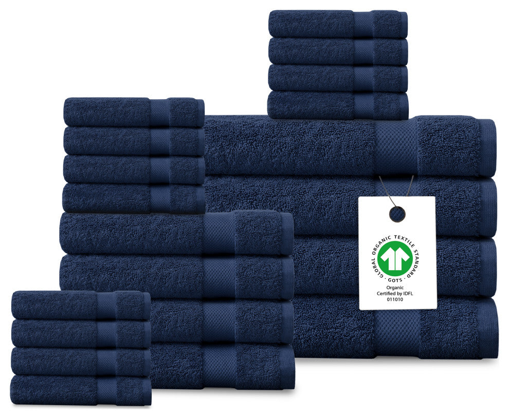 Delara 20-Piece Solid 100% Organic Cotton Plush Bath Towel Set 30"x58", Navy Blue