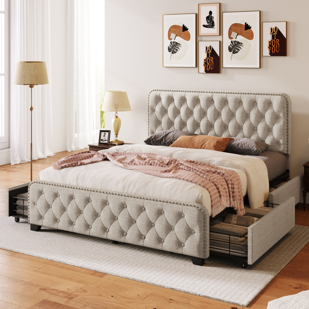 Metal Platform Bed with Headboard, Upholstered and 4-Drawer, Beige, 84.6" X 64.6"