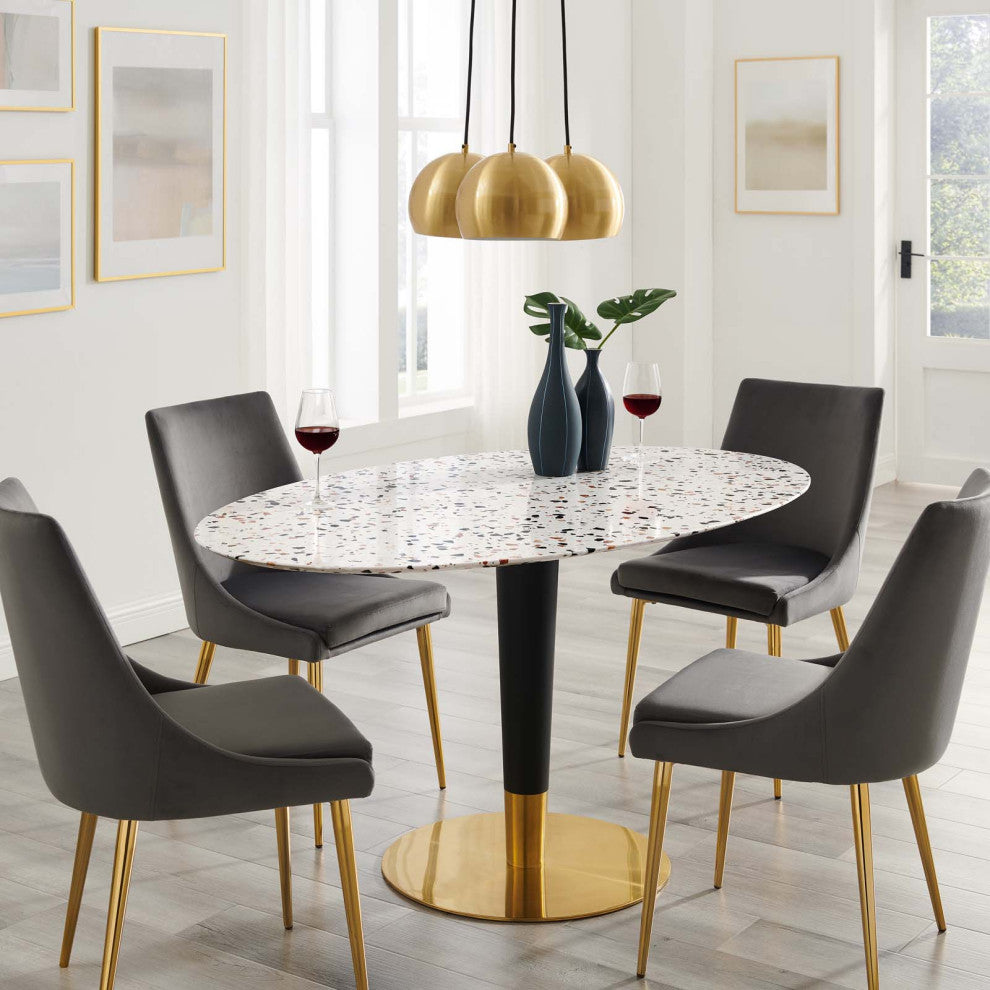 60" Dining Table, Oval, White Gold, Metal, Modern Cafe Bistro Hospitality