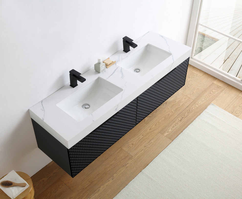 Manarola with Thick Quartz Wall Mount Vanity, Black of Night, 72"