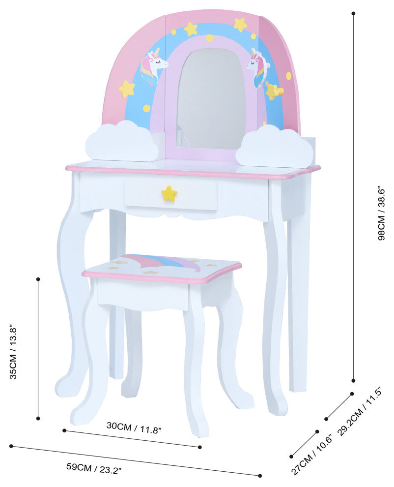 Unicorn Vanity Table Set w/ Mirror, White
