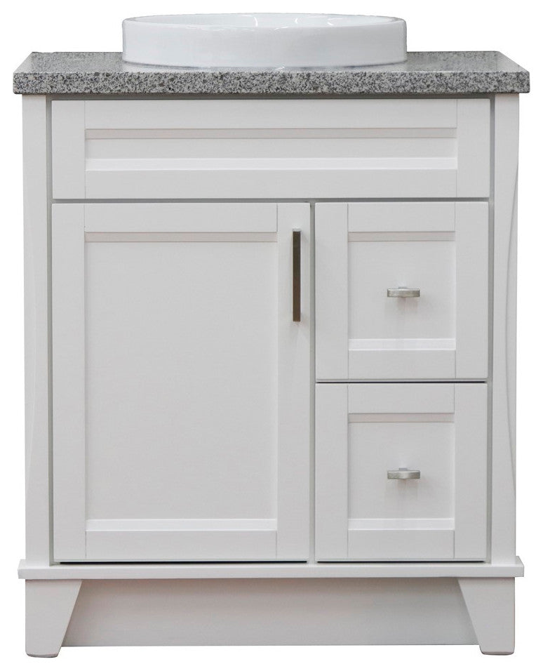 31" Single Sink Vanity, White Finish With Gray Granite With Round Sink