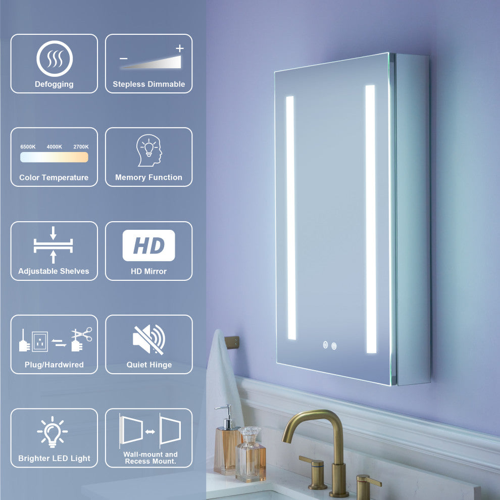 Recessed/Surface Mount LED Medicine Cabinet Mirror with Defogger, 20"x30" Left Hinge
