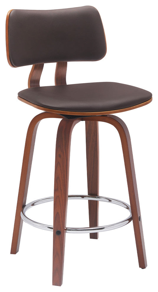 Pico 26" Swivel Walnut Wood Counter Stool, Brown Faux Leather With Chrome, 26