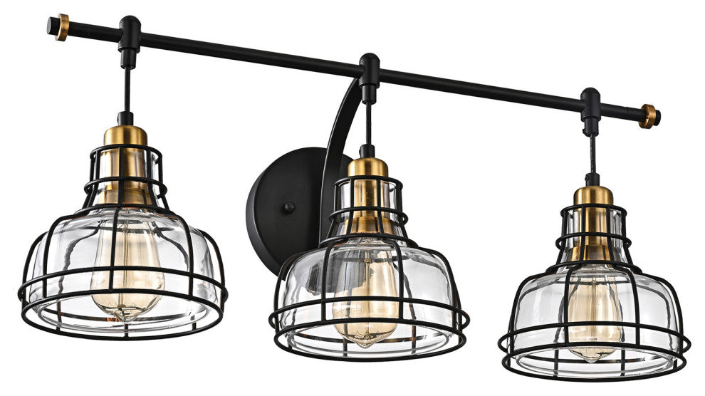 3-Light Black and Antique Gold Vanity With Clear Glass Shades