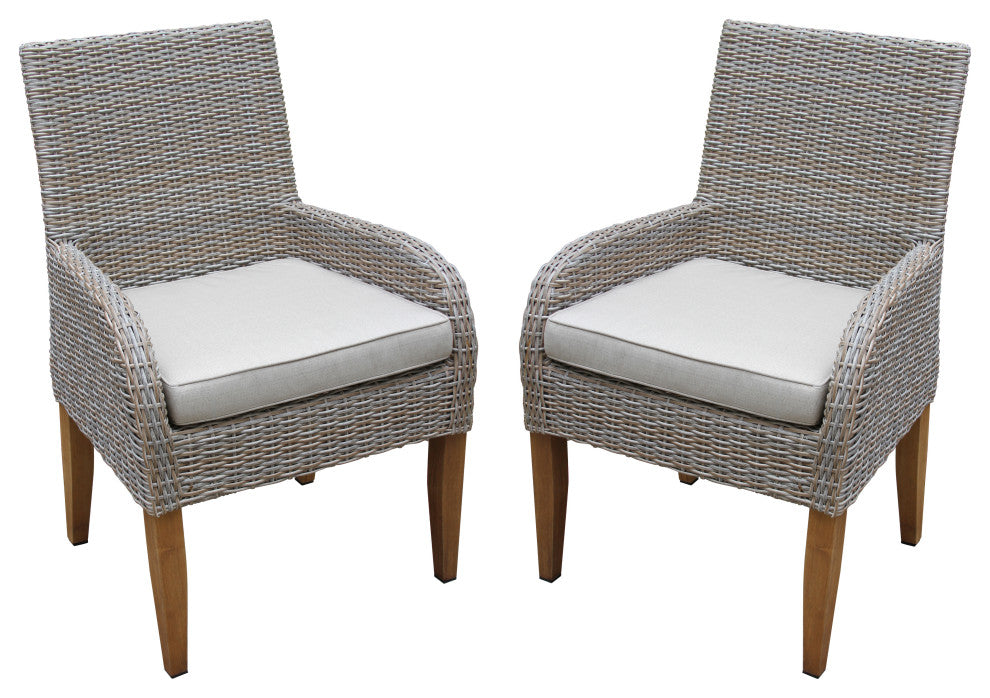 Teak and Ash Wicker Dining Armchairs With Sunbrella, Set of 2