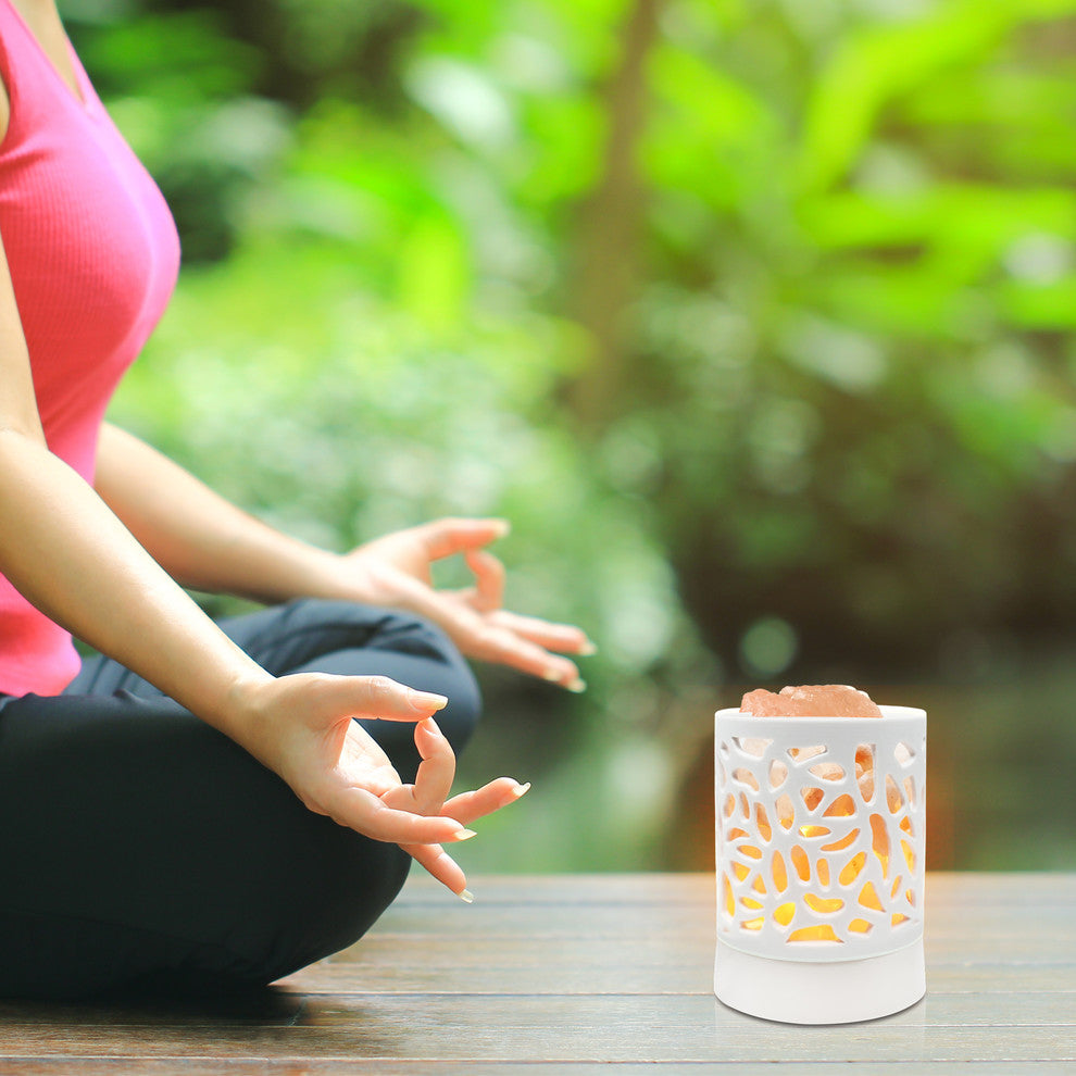 WBM Ceramic White Night Light With Salt Chunks Salt Lamp Plastic Base Halogen