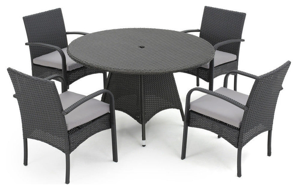 GDF Studio 5-Piece Portola Outdoor Gray Wicker Dining With Cushions Set