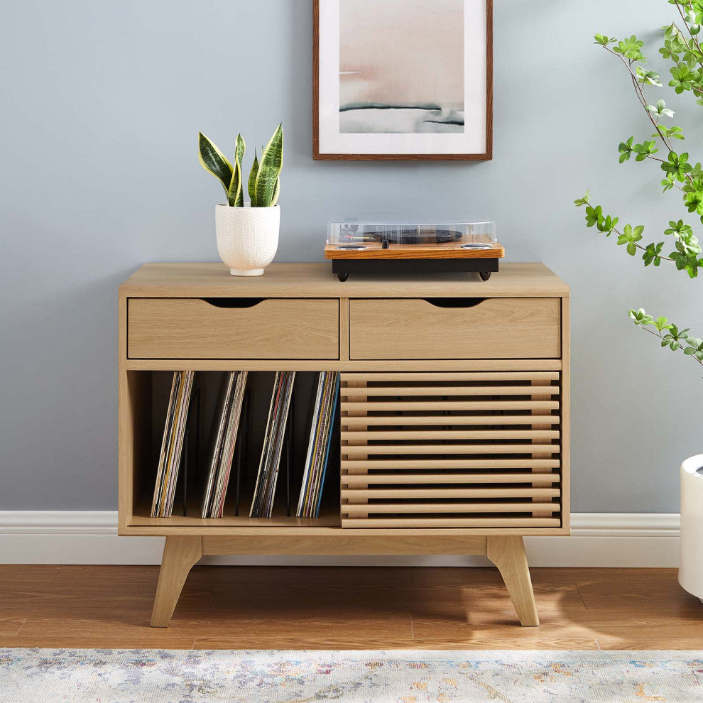 Vinyl Record Side Table Cabinet Stand, Brown Oak, Wood, Modern Lounge Cafe