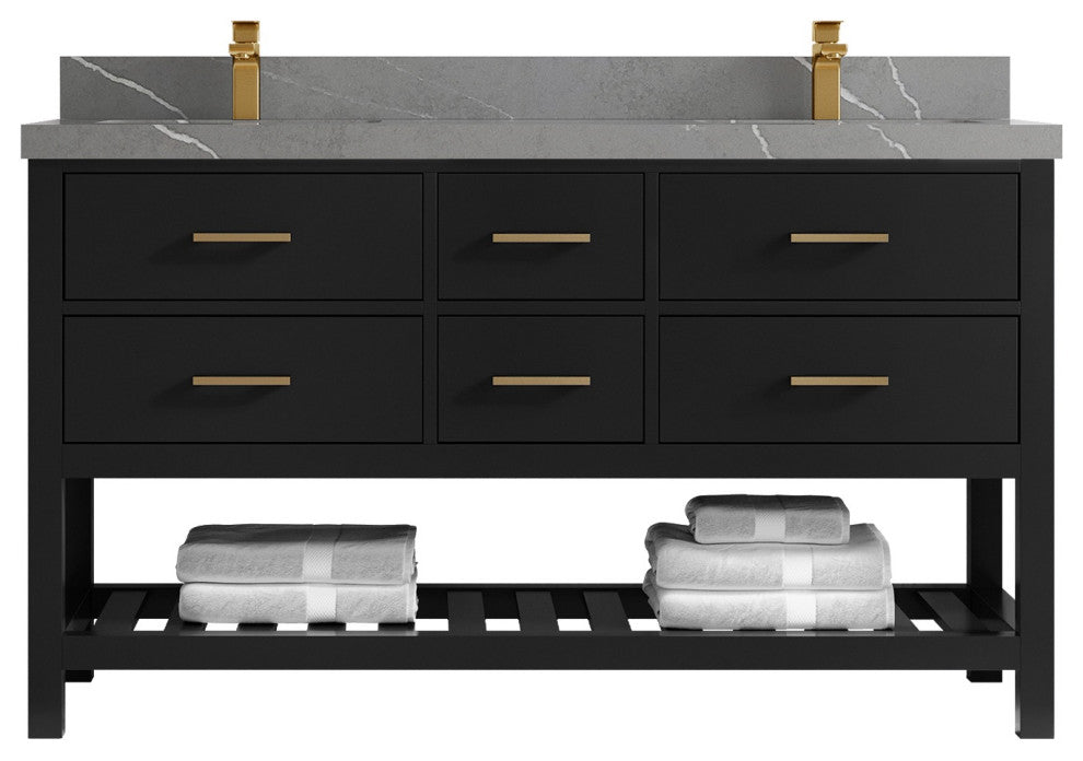 Parker 60" Double Sink Bath Vanity, Black 2" Piatra Gray