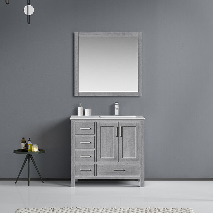 Jacques 36" Vanity, Wht Carrara Marble Top w/ 34" Mirror, Distressed Grey, Right