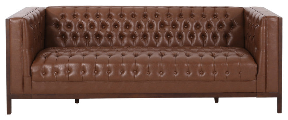Elias Faux Leather Tufted 3 Seater Sofa, Cognac + Espresso