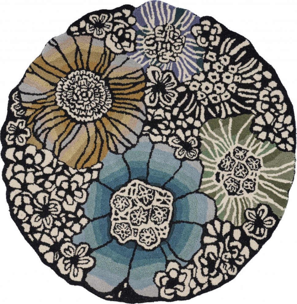 6" Round Blue and Black Floral Area Rug