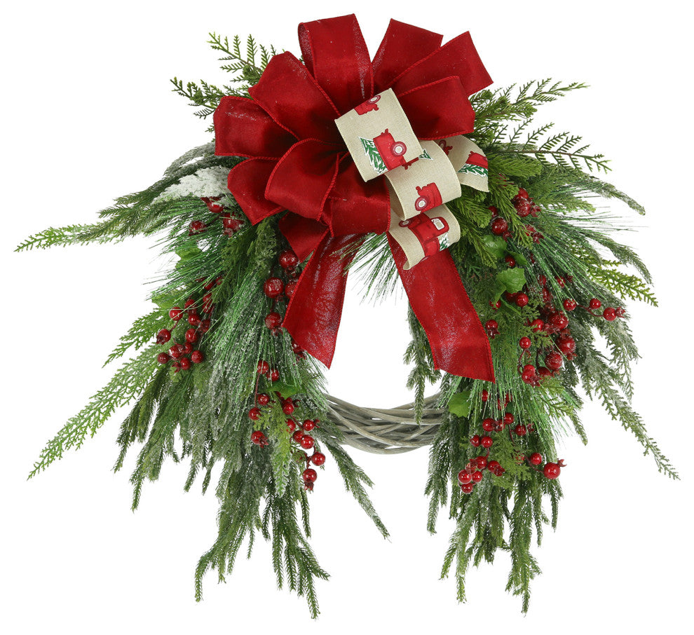 30" Holiday Willow Wreath with Evergreen, Berries and Ribbon