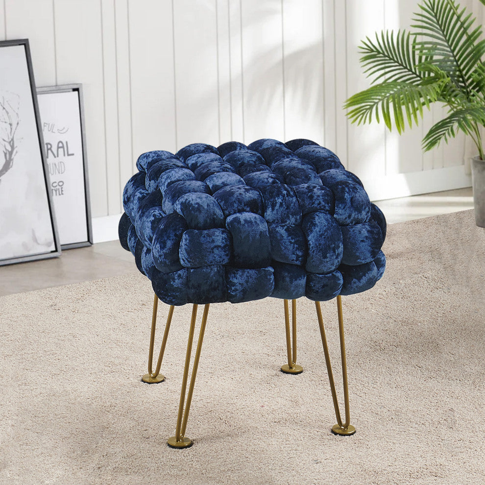 Crushed Velvet Pouf Stool, Midnight Blue, 16''x16''x16''